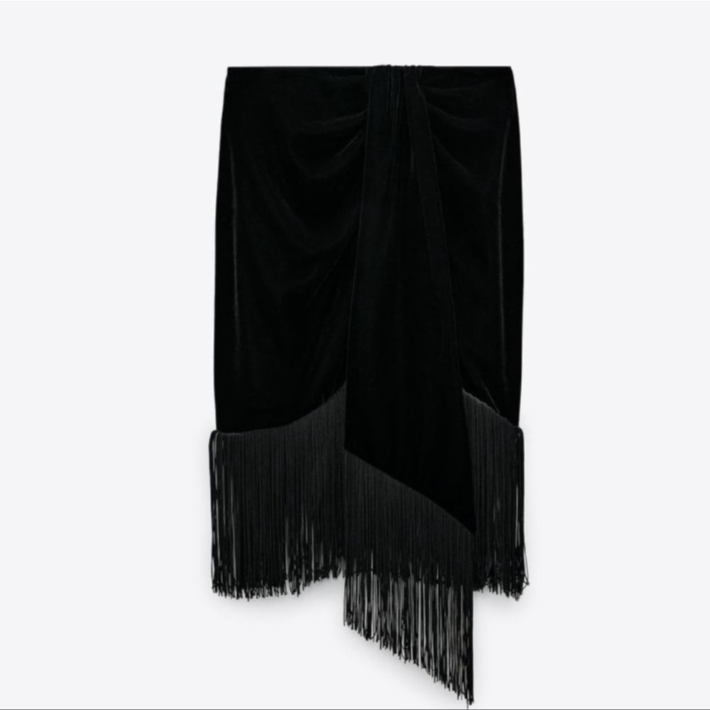 Zara Black Velvet and Fringe Mini Skirt. Size XL